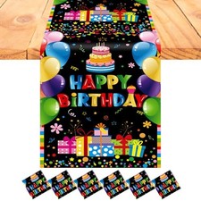6 Pcs Plastic Happy Birthday Table Runners 14 x 108 inch Black and Colorful