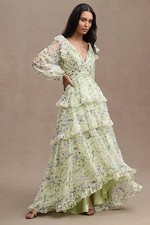 Mac Duggal Tiered A Line Long Sleeve Chiffon Gown Green Floral Maxi Size 4