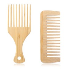 2 PCS Wood Hair Pick Wooden Comb Bamboo Wide Tooth Comb, Anti-Static Hair Pick C