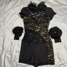 A Wish Come True Dance Costume Leotard Black Gold Lace Gauntlets Size MA Ruffle