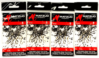 4 PACKS Matzuo 205041 Snelled Aberdeen Down Eye Size 8 Gold Hook 6-Count Package