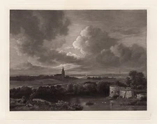 Incredible 1800s RUISDAEL Etching "Landscape, with Village Churches" Framed COA