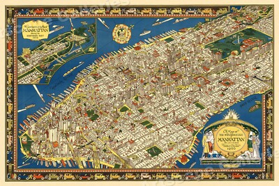 1920s Pictorial New York City Map of Manhattan - 24x36 | eBay