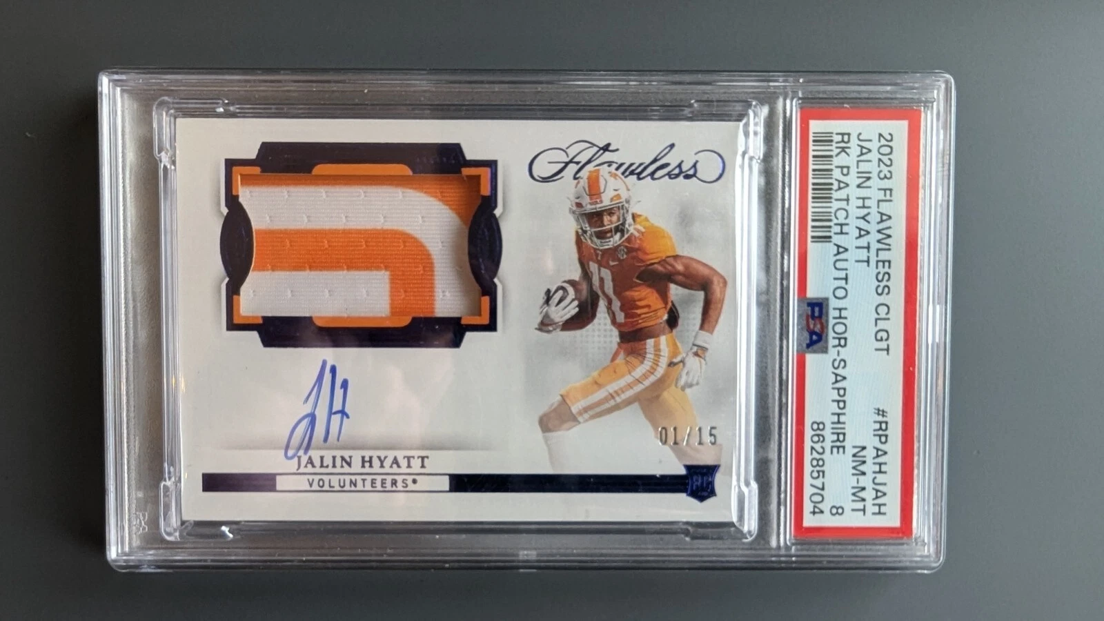 Jalin Hyatt Panini Flawless Collegiate Flawless Rookie Patch Autograph Horizontal #RPAHJAH Sapphire