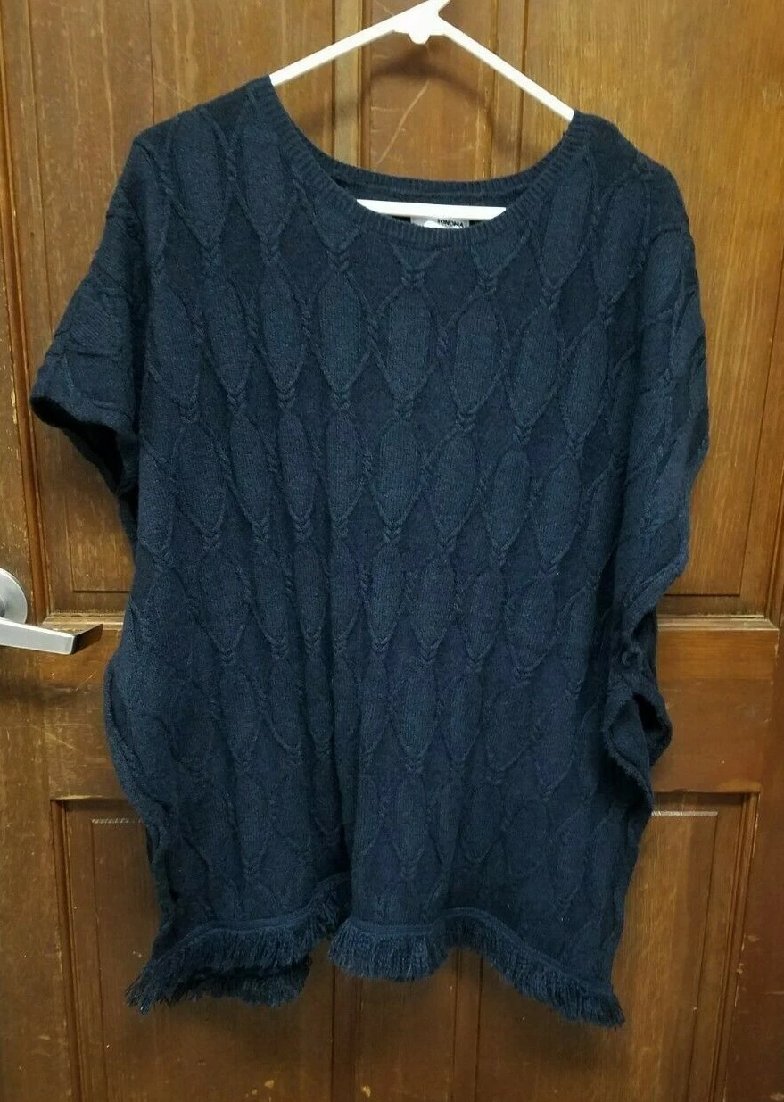 Sonoma Navy Blue Poncho Sweater Side Buttons Fringed Hem Women's Size L/XL