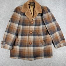 VTG Pendleton Wool Coat Mens L Brown Plaid Faux Fur Retro Jacket Classic Grandpa