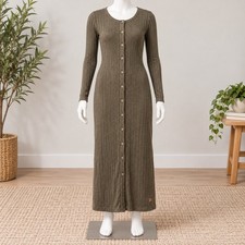 Superdry Button Front Ribbed Knit Dress Womens US 6 Olive Green Long Sleeve Midi