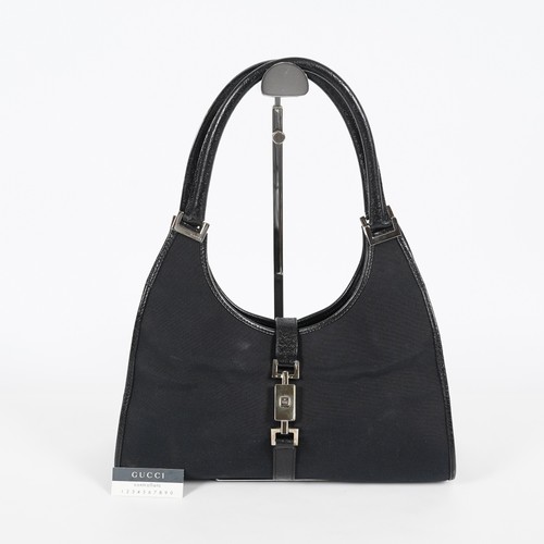 Gucci Jackie Vintage Handbag Shoulder Bag 30cm Black Canvas Leather 07E153190009