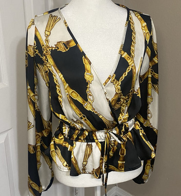 London Rose Size M Silky Top Black Gold Equestrian Design Peplum Gathered Waist