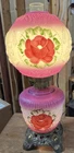 ANT VTG Hurricane GWTW 24” 3-Way Parlor Lamp HP Roses Embossed Cvrd Wagon Purple