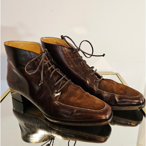 Salvatore Ferragamo Vintage Brown Leather Suede Lace Up Boots 7 2A Italy