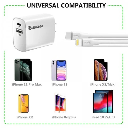 Fast Charging 18W Power Delivery USB-C 2.4A & USB-a Port Home Charger with Cable - Image 3 of 4