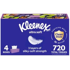 Ultra Soft Facial Tissues, 4 Flat Boxes, 180 Tissues per Box, 3-Ply, Packagin...