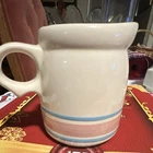 White Ceramic Pitcher w/ Handle & Spout, Pink Blue Striped Bands ; McCoy Pottery