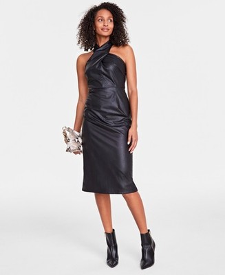 INC International Concepts Faux Leather Halter-Neck Midi Dress 0 Deep Black