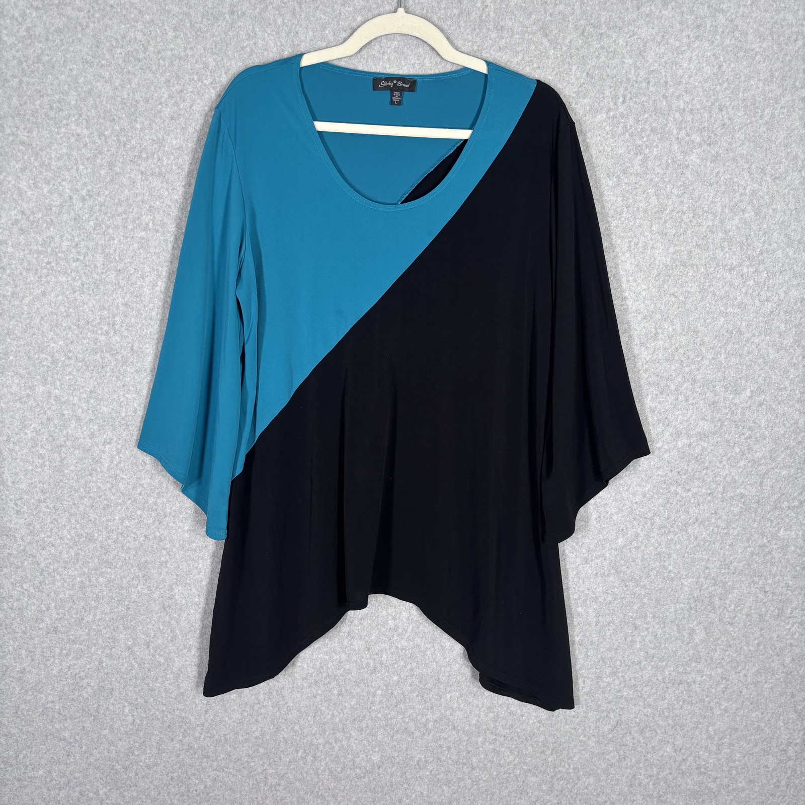 Slinky Brand Tunic Top Large Blue Black Handkerchief Hem Liquid Lagenlook Artsy