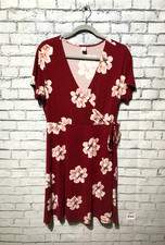 Old Navy, Women L, Red Floral Short Sleeve Cottagecore Faux Wrap Stretch Dress