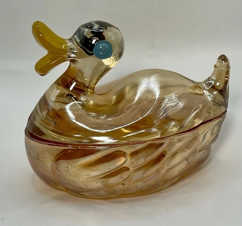 Marigold Jeanette Carnival Glass Open Billed Duck Covered Dish, Candy, Trinket