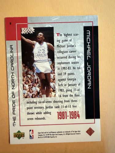 Michael Jordan 1999 Upper Deck Carrera Michael Jordan #9 Orgullo de Carolina del Norte - Imagen 2 de 2