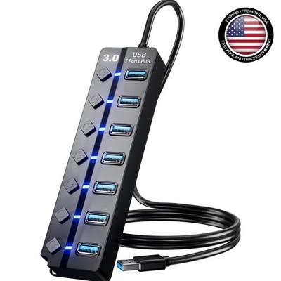 7-Port USB 3.0 Hub with Long 3ft Cable for Fast Data Transfer & Power Control