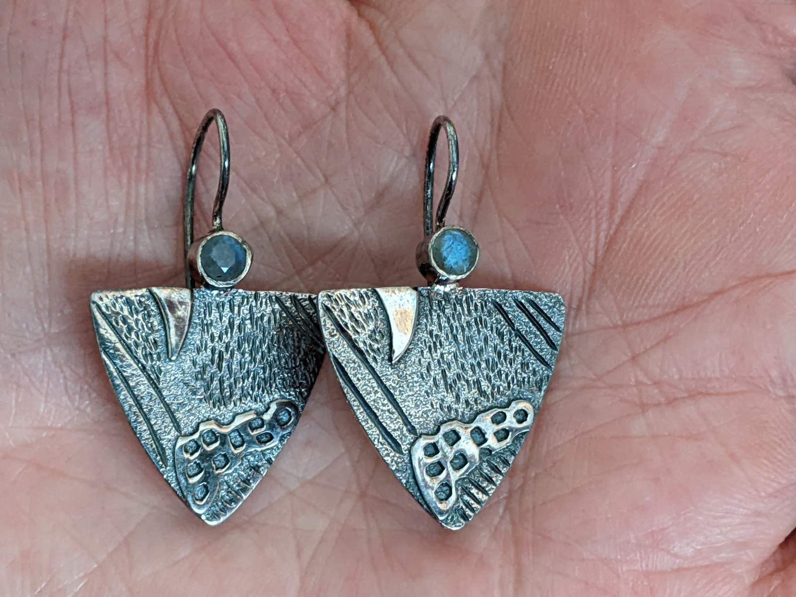 Sterling Silver Embossed Triangle Labradorite Ear… - image 1