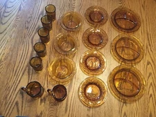 Vintage Indiana Glass for Tiara 17 Piece Amber Child's Nursery Rhyme Dish Set
