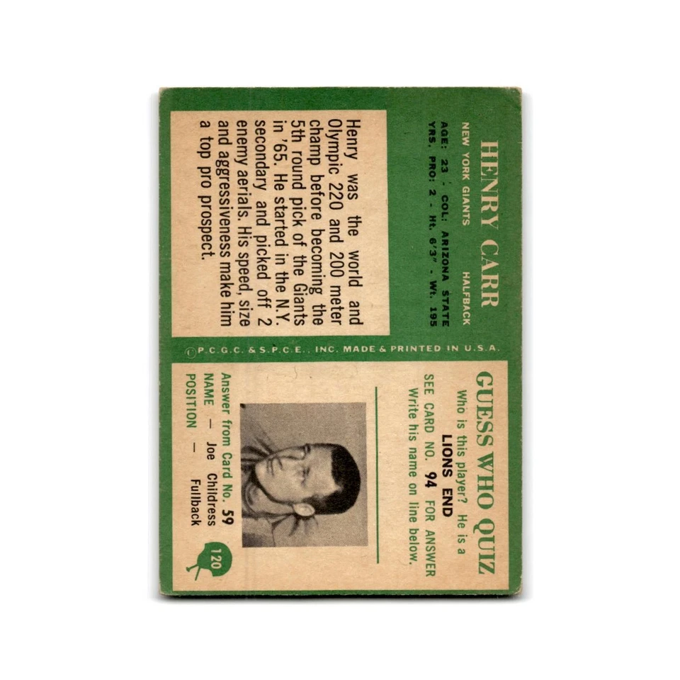 1966 Philadelphia Henry Carr RC Giants #120 - Image 2 of 3
