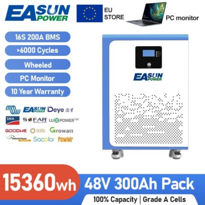 Easun 15KWh LiFePO4 Lithium Batterie Solar Speicher Akku 51.2V 48V 300Ah BMS