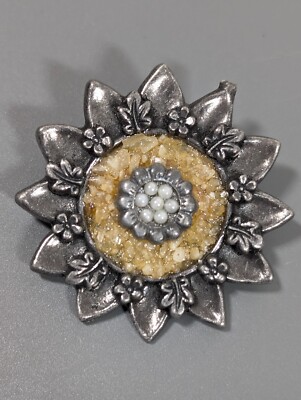 Vintage Silver Tone sunflower Leaf Brooch Faux Pearl Yellow Lucite Inlay
