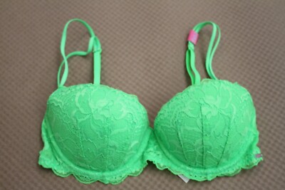 NWT VICTORIA SECRET PINK Date Push Up Bra 32C Florescent Green lacey