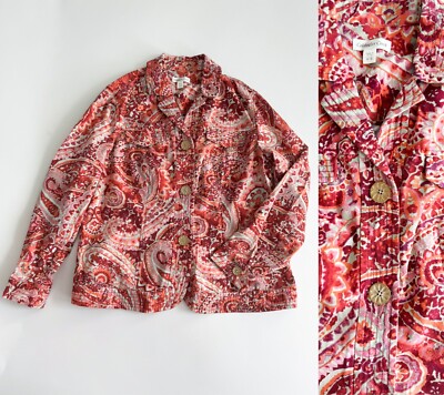 Blazer Coldwater Creek Jacket Size 18 Cotton Canvas Paisley Red Pink Floral