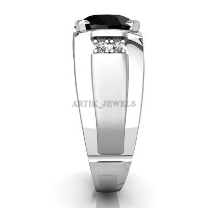 Naturale Onice Nera Pietra preziosa con 14K Oro Bianco Placcato Anello Argento - Immagine 3 di 4