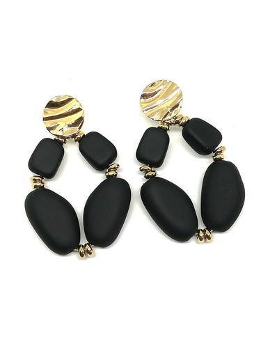 Boucles D'oreilles Noires Dorées - Perles Baroques Façon Cuir Damasquiné Rétro