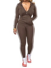 2 Piece Outfits Casual Workout Sets Striped Bodycon Tracksuit Zip Up Long Sle...