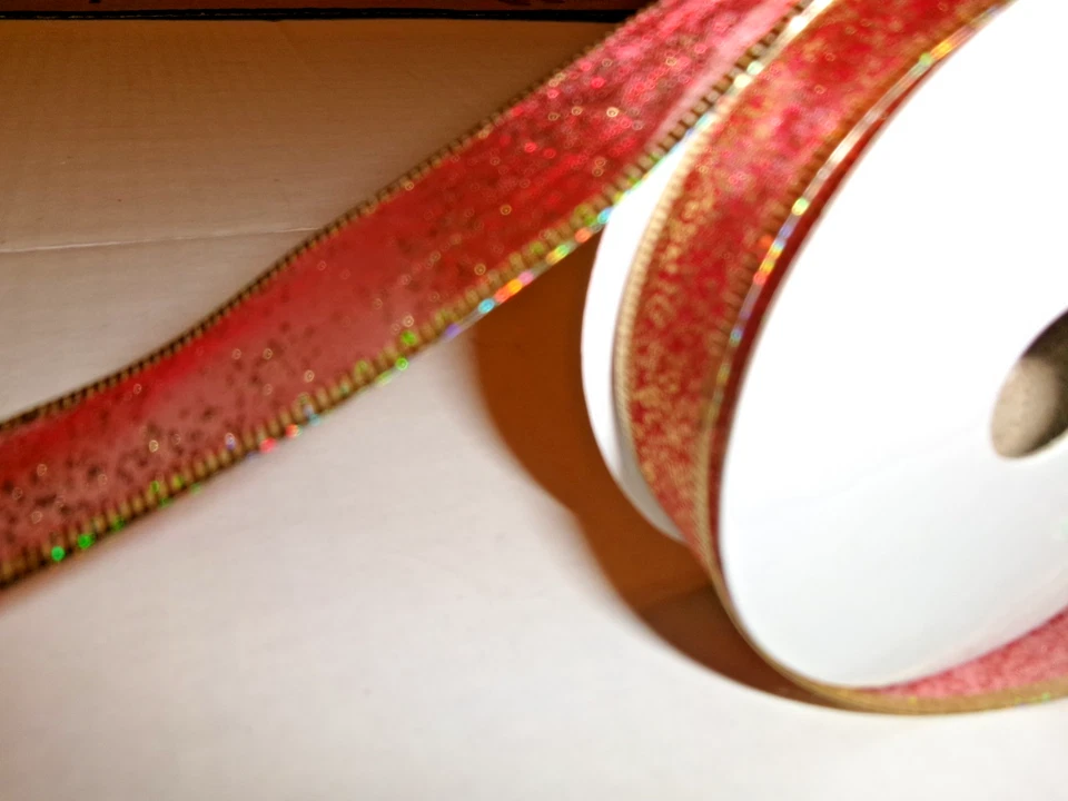 (2)JoAnn Wired Ribbon 1' Wide-Red w/glitter-2.5 yards & 3 yards=5.5 Yards(M) - Image 2 of 3