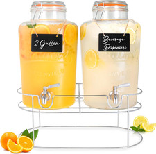 2 Gallon Glass Beverage Dispenser Set with Stand and Leak-Proof Lid