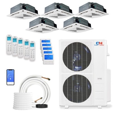 Cooper 5 Zone Mini Split AC Heat Pump 48000 BTU Cassette 9,9,9,9,24 Linesets