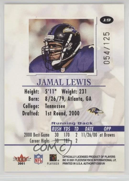 2001 Fleer Authority Prominence Numbered to 125 /125 Jamal Lewis #19 - Image 2 of 2