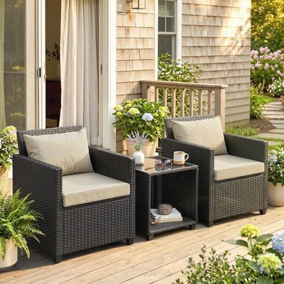 Outsunny 3 Piece Patio Bistro Set, Wicker Furniture Set with Cushions Beige