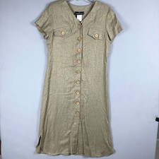 Carole Little Shirt Dress Size 10 Button-Up Short Sleeves V-Neck Beige