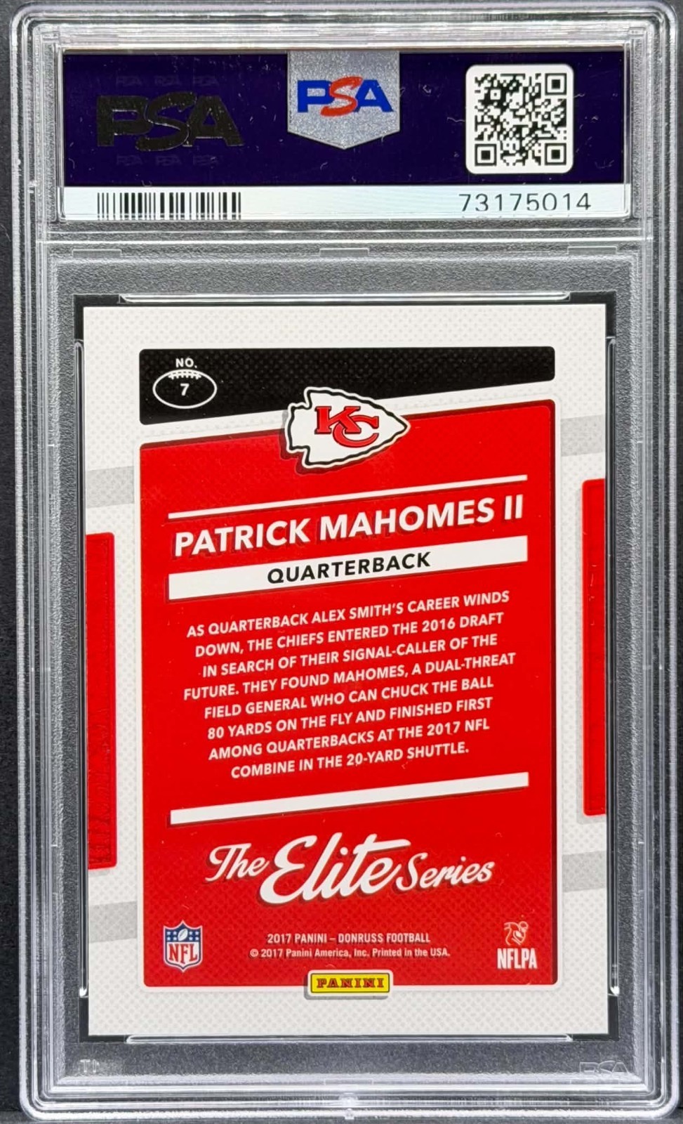 2017 Panini Donruss - Patrick Mahomes II #7 The Elite Series Rookies PSA 10 GEM view 2