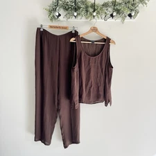 Citron Brown Set 100% Silk Flowy Lightweight Boho Casual Pants Size XL Tank Top