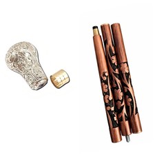 Carved Wood Folding Walking Stick Cane Ornate Silver-Tone Handle Vintage Style