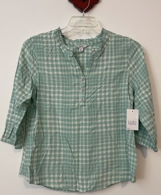 Croft Barrow Womens Petite Large Green Striped Vneck Rayon Blouse NWT! A1677