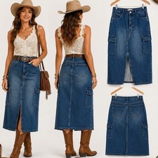 Harper Heritage Cargo Denim Midi Skirt Women M Blue Front Slit Boho Festival