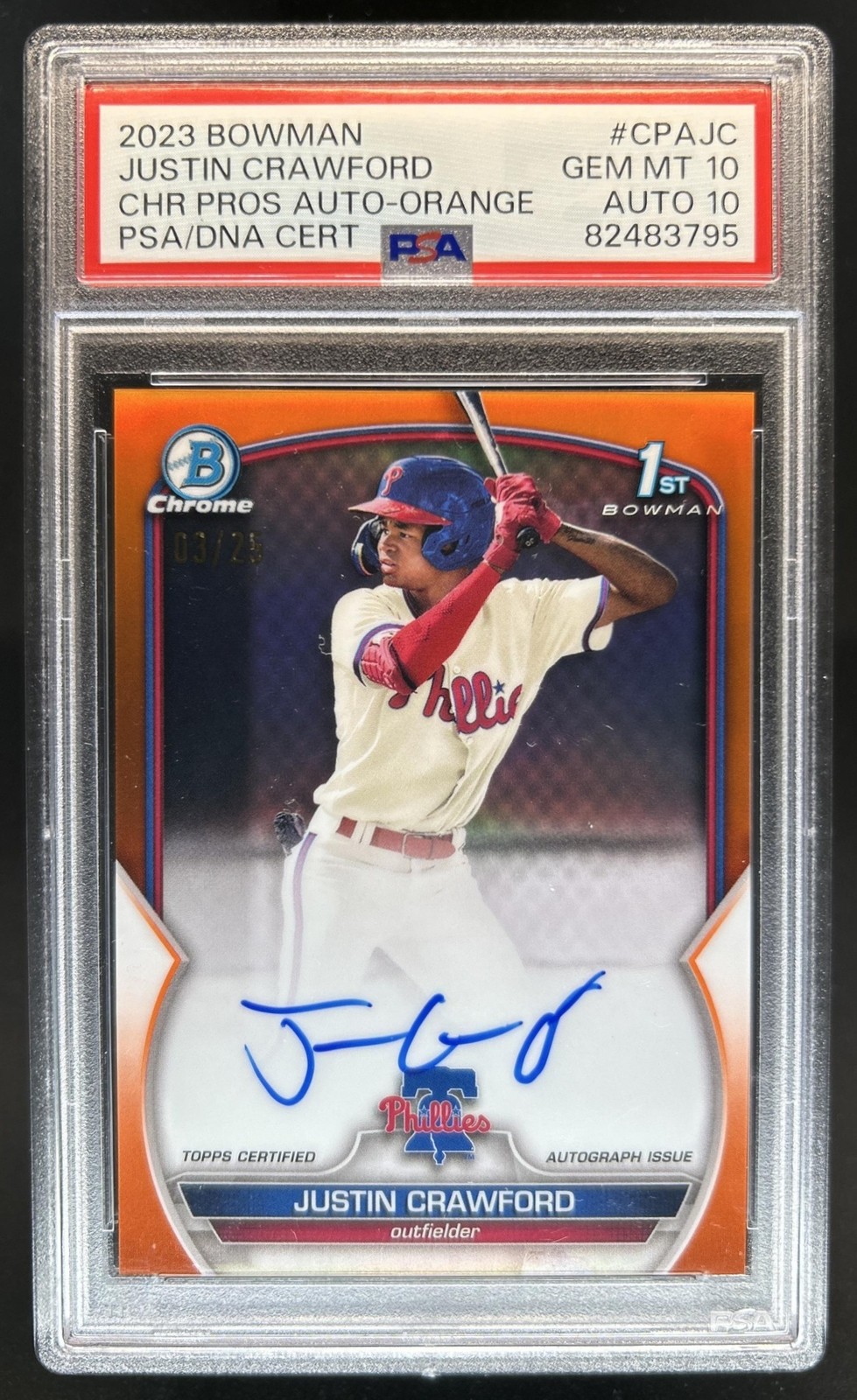 2023 Bowman Justin Crawford Chrome Auto Orange Refractor 1st #/25 PSA 10 view 1