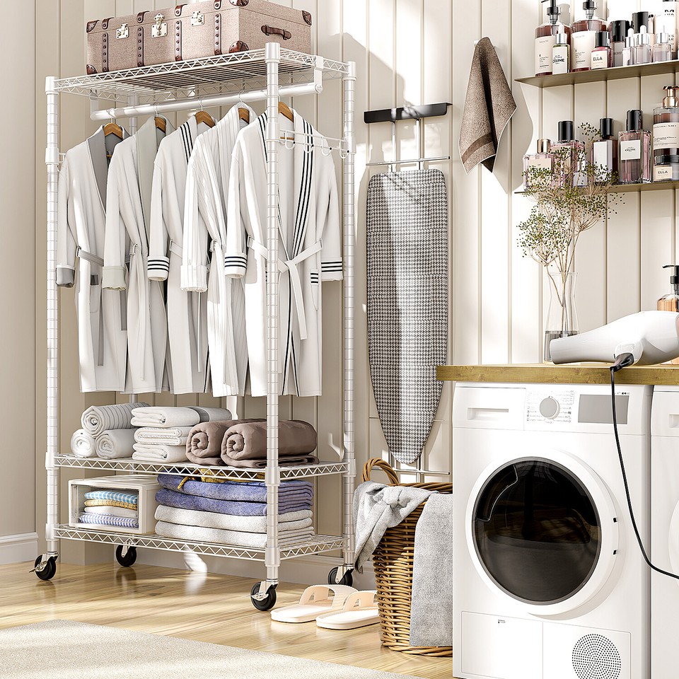 3 Tier Heavy Duty Rolling Garment Rack White Shelves with Wheels 15.7 ...