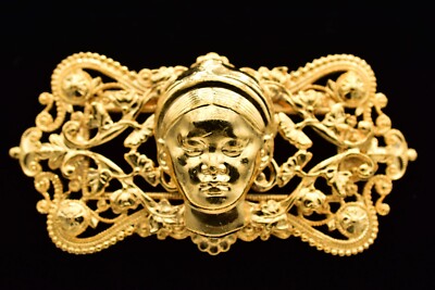 Vintage Pin Brooch Asian Mask Chunky Brushed Gold Filigree NOS 80s 1980s BinA18