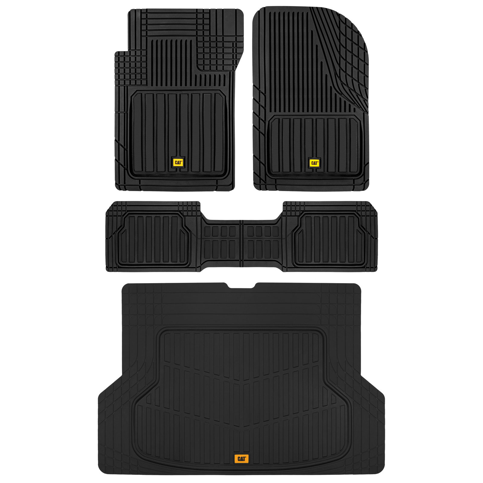 Caterpillar Black 4PC All-Weather Deep Dish Car Floor & Trunk Mat Set
