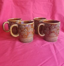 FOUR VINTAGE CERAMIC TEA CUP JAPAN DEER BROWN STACKABLE MAPLE LEAF TREE 